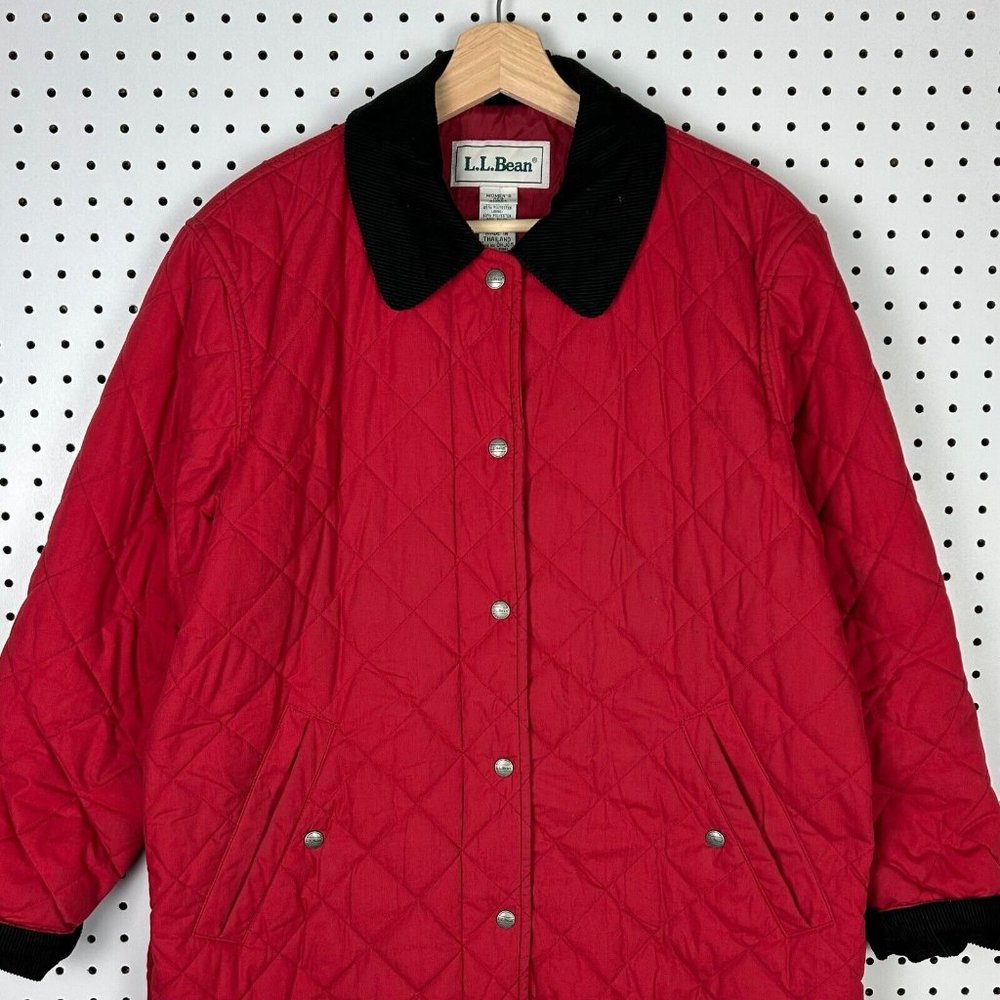 LL Bean Chore Barn Jacket Quilted Red Corduroy Collar Vintage Coat Women's Small
